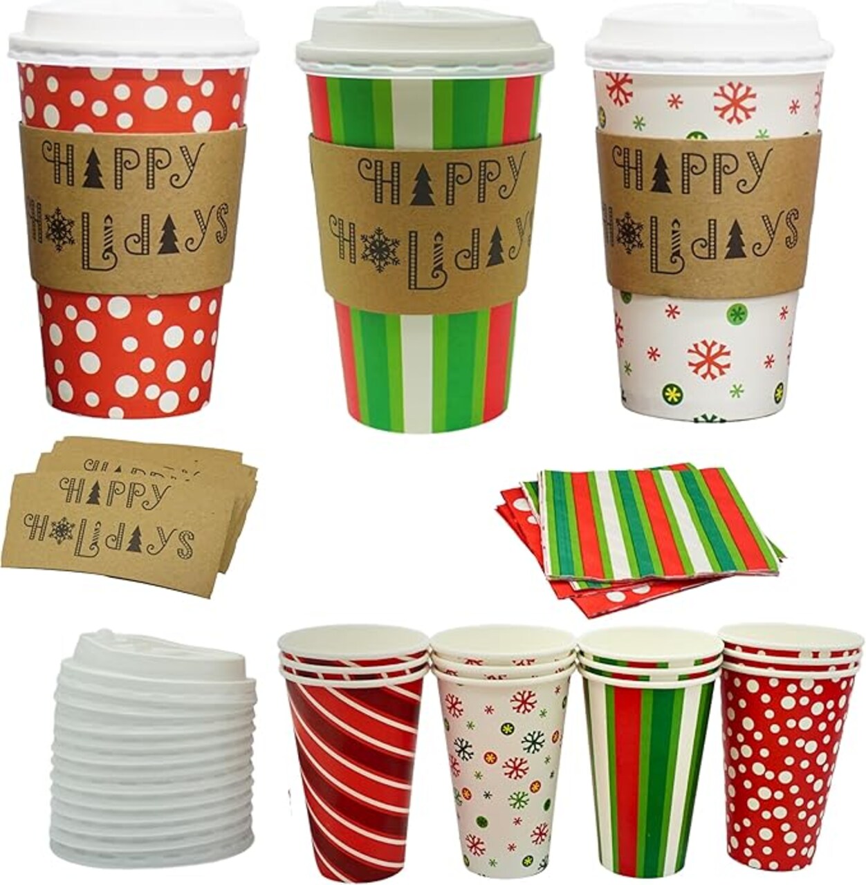 4E’s Novelty Christmas Paper Cups 16 oz with Lids, Sleeves & Napkins – 12-Pack Holiday Cups